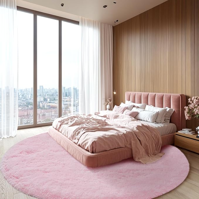 Pink Round Rug for Living Room: 6x6 Feet Shag Area Rugs for Living Room- Ultra Soft Fluffy Furry Girls Bedroom Carpet- Plush Rugs for Girls & Kids Room, Home Decor (6ft, Pink)
