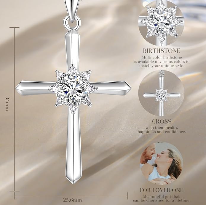 FANCIME Birthstone Cross Necklace for Women Sterling Silver Birthstone Necklace Halo Infinity Cross Pendant Necklace Fine Jewelry Valentines Day Gifts Birthday Holiday Gifts for Her, 16"+2" Inches
