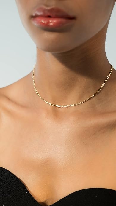 Miabella 925 Sterling Silver, 18K Gold Plated 925 Sterling Silver Figaro, Beaded Singapore, Sparkle, Cuban Link Chain, Choker Necklace for Women Made in Italy