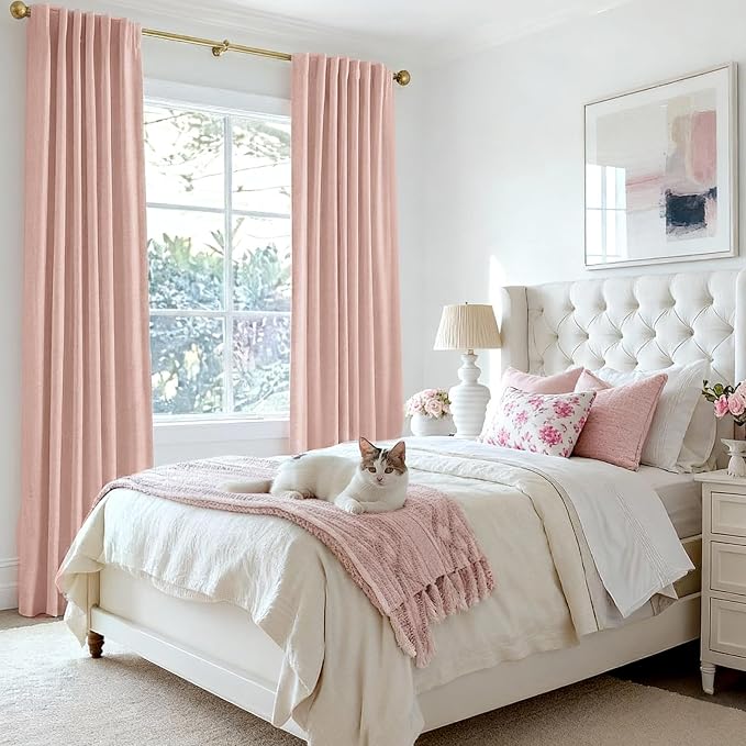 INOVADAY 100% Blackout Curtains 90 Inches Length 2 Panels Set, Back Tab/Rod Pocket Linen Black Out Curtains for Bedroom, Thermal Insulated Window Drapes - Blush Pink, W50 X L90