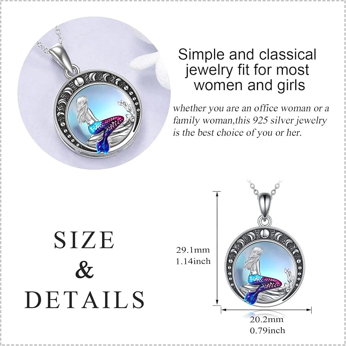 LUHE Mermaid Necklace Jewelry Gifts Sterling Silver Sea Mermaid Crescent Moon and Star Necklace with Flower Pendant Birthday Gifts for Daughter Women