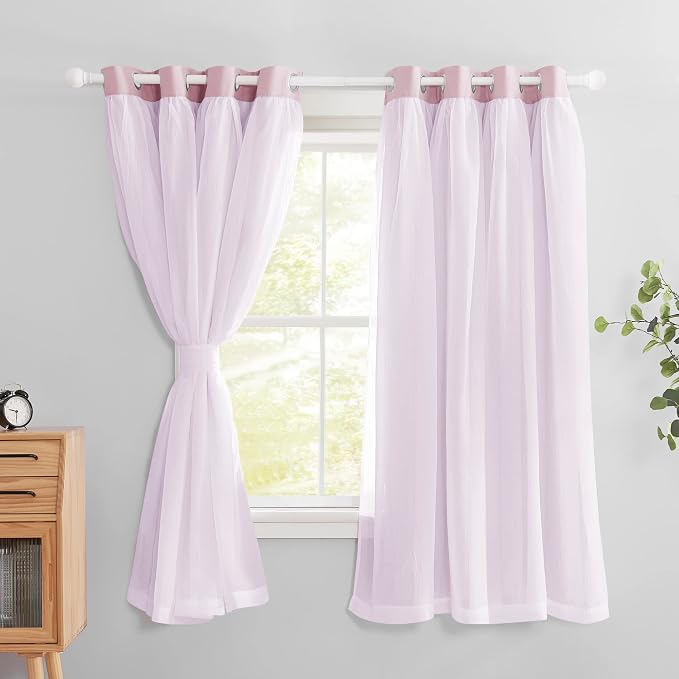 PONY DANCE Short Pink Curtains - Light Block Drapes with Sheer Layer Mix & Match Voile Drapes Decoration for Baby Girls Bedroom, 52 W x 63 L, Light Pink, 2 PCs