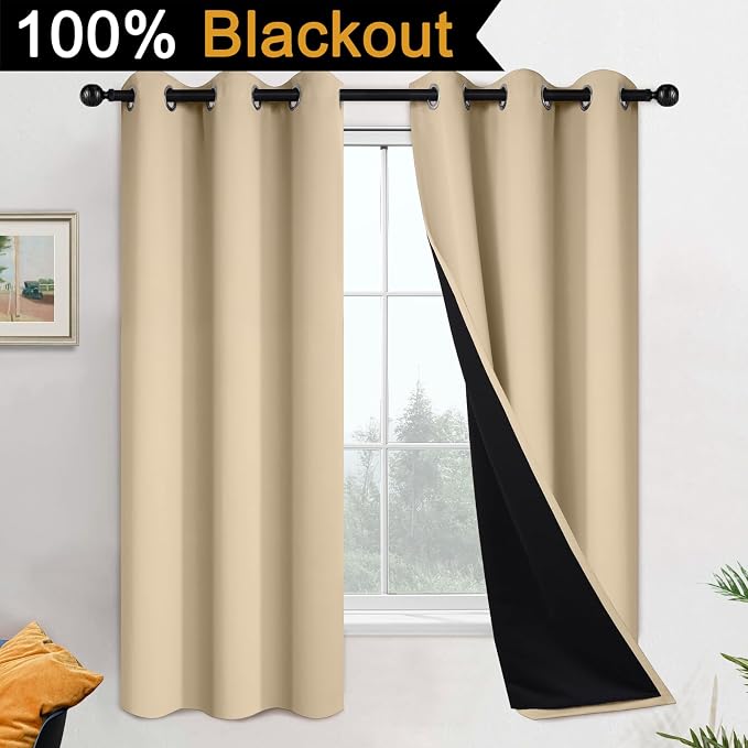 Yakamok Black 100% Blackout Curtains 63 Inches Long for Bedroom 42" Wide | Blackout Curtain Panels for Bedroom, 2 Thick Layers Grommet Top Thermal Insulated Drapes with Black Liner for Living Room