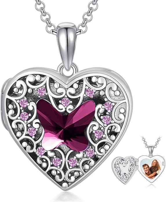 Dorunmo Personalized Locket Necklace 925 Sterling Silver that Holds Pictures Butterfly Birthstone Photo Heart Locket Custom Jewelry Congratulations New Beginnings New Job Gifts for Women