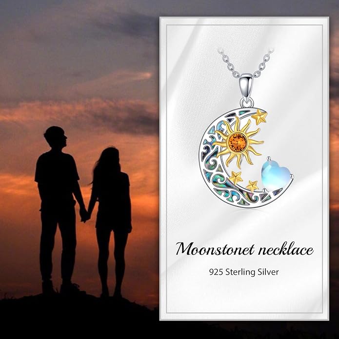 AOBOCO 925 Sterling Silver Sun and Moon Star Pendant Necklace with Simulated Birthstone, Birthday Christmas Jewelry Gift for Women Teen Girls
