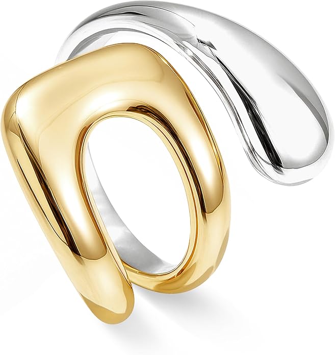 Non Tarnish Gold Chunky Rings for Women, 14K Gold Plated Statement Dome Rings Stacking Silver, Adjustable Mens Eternity Wedding Band Mixed Metal Jewelry Size 3-13