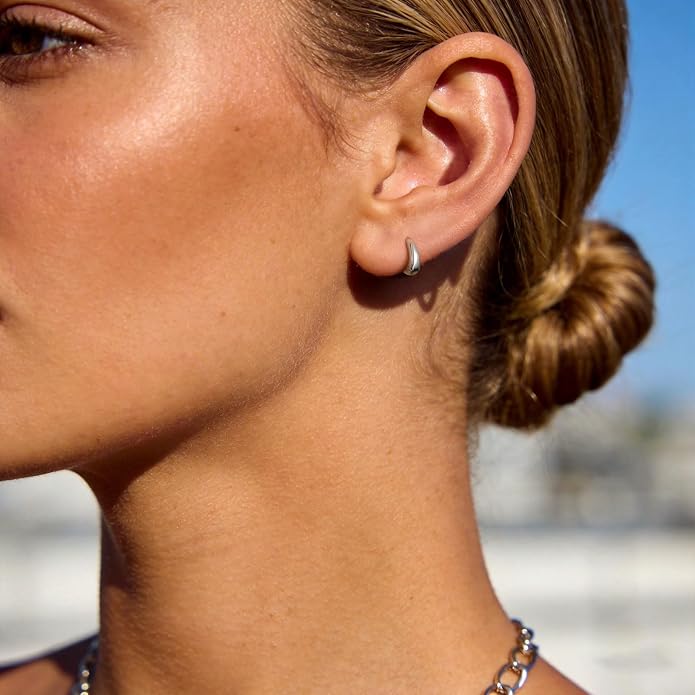Hypoallergenic 925 Sterling Silver Chunky Hoop Earrings for Women, Tapered Lightweight Huggie for Sensitive Ears, Small Dainty Cartilage Ring for Lobe Helix Tragus, Second Hole Jewelry 6-12mm