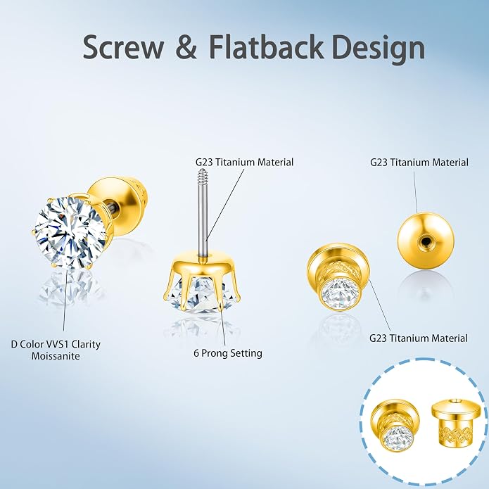 Limerencia Moissanite Stud Earrings G23 Titanium Hypoallergenic Screw Back Moissanite Earrings D Color VVS1 Clarity Jewelry Gifts for Women Men 0.2CT-1.6CT