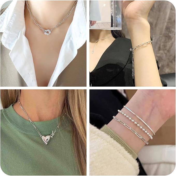 3.28 Feet Sterling Silver Paperclip Chain Paperclip Link Necklace Oval Cable Chain with Velvet Polishing Cloth Permanent Bracelet Kit 8.5x3mm for Women Men Necklace Jewelry Making