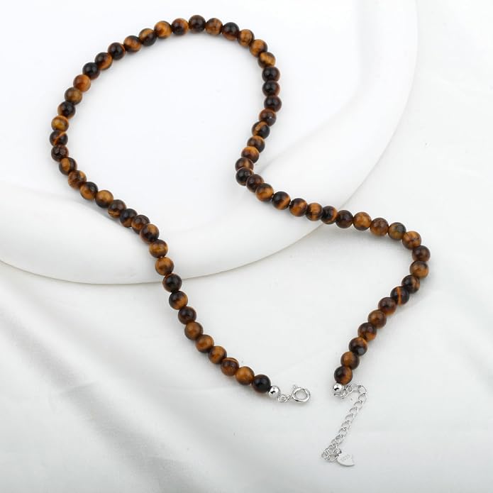 Kakikaki Natural Agate Choker Necklace Sterling Silver Round Beads Strand Necklace for Women