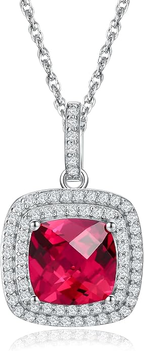 Birthstone Necklace for Women 925 Sterling Silver Cushion/Pear Cut Created Gemstone Halo Pendant Necklace Birthstone Jewelry