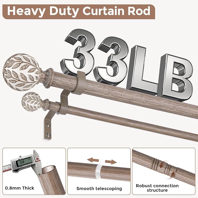 Boho Decorative Double Curtain Rod, 36-153 Inch, Weathered Wood | Handmade Wood Grain Leaf Finials, Heavy Duty Adjustable Exrta Long Rustic Metal Dual Rods, 40 lb Capacity, Easy to Install