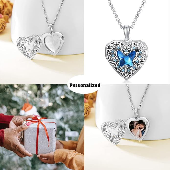 Dorunmo Personalized Locket Necklace 925 Sterling Silver that Holds Pictures Butterfly Birthstone Photo Heart Locket Custom Jewelry Congratulations New Beginnings New Job Gifts for Women