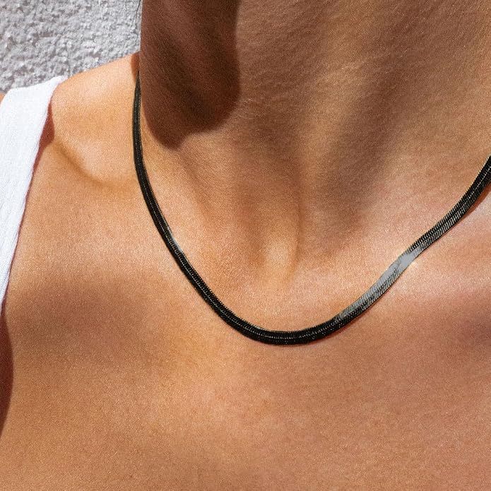 FOCALOOK 14K Gold Plated Necklaces for Women, Fashion Herringbone Choker Necklace Stainless Steel Flat Snake Chain 3/5MM(W) 12.5"/15"/18"+3.5"(L)