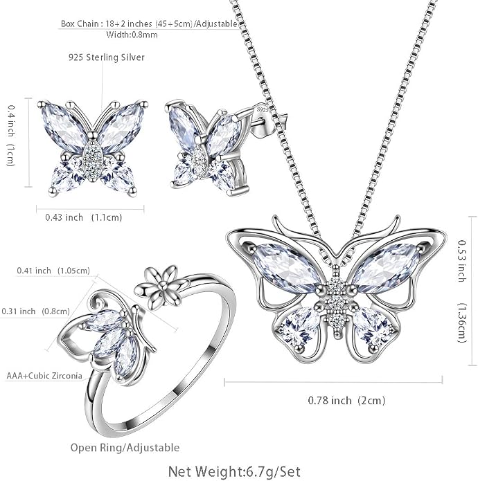 Aurora Tears Butterfly Jewelry,Women 925 Sterling Silver Butterflies Birthstone Pendant Necklace/Earrings/Rings Wedding Gift
