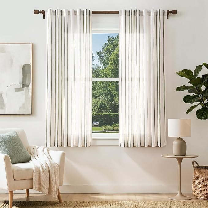 Vangao Striped Curtains Green on White Semi Sheer Curtains 63 Inches Long for Bedroom Living Room Modern Farmhouse Linen Textured Light Filtering Drapes 2 Panels Olive Green W50 x L63 Inch