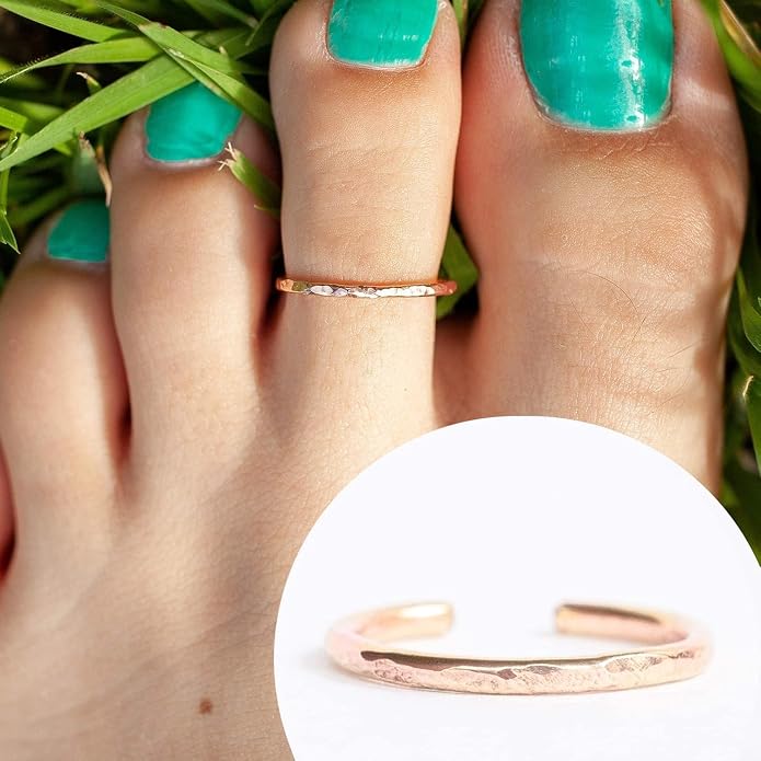 Ellie J Maui Toe Ring for Women– 14k Adjustable – Silver, Gold, or Rose Gold – Simple and Comfortable | 1.3 Hammered band Gold Filled ring, Rose Gold, Sterling Silver