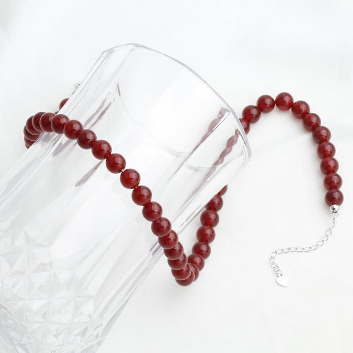 Kakikaki Natural Agate Choker Necklace Sterling Silver Round Beads Strand Necklace for Women