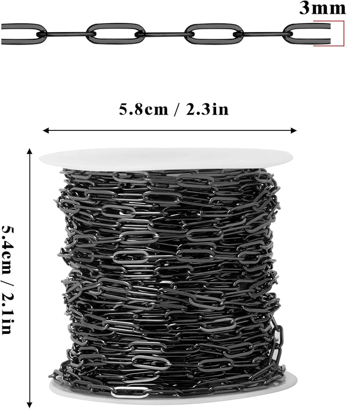 [33 Ft] Gunmetal Paperclip Chains Roll, 3mm Width 304 Stainless Steel Black Paperclip Oval Link Chain Spool Bulk for DIY Jewelry Making