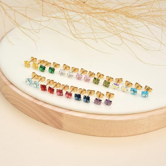 12 Pairs Surgical Stainless Steel Stud Earring Round Heart Star Square Cubic Zirconia Birthstone Stud Earrings Set for Women