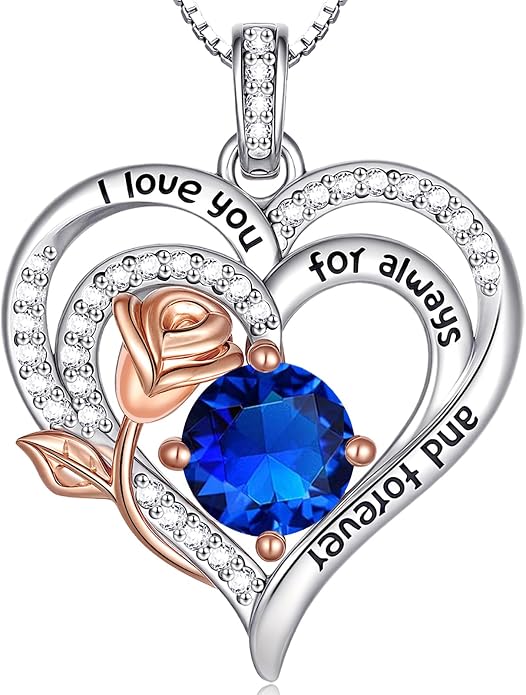 Birthstone Heart Necklaces for Women 925 Sterling Silver Fine Jewelry Rose Pendant Necklace Anniversary Birthday Mothers Day Gifts Her Wife Women Mom Daughter