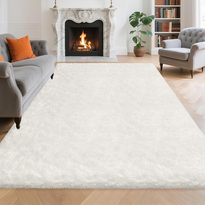 Fluffy White Area Rug for Living Room Bedroom Large Plush Area Rug 6x9 Shag Carpet for Kids Girls Boys Room, Soft White Fuzzy Rug for Nursery Playroom Dorm Bedside Home Decor Indoor