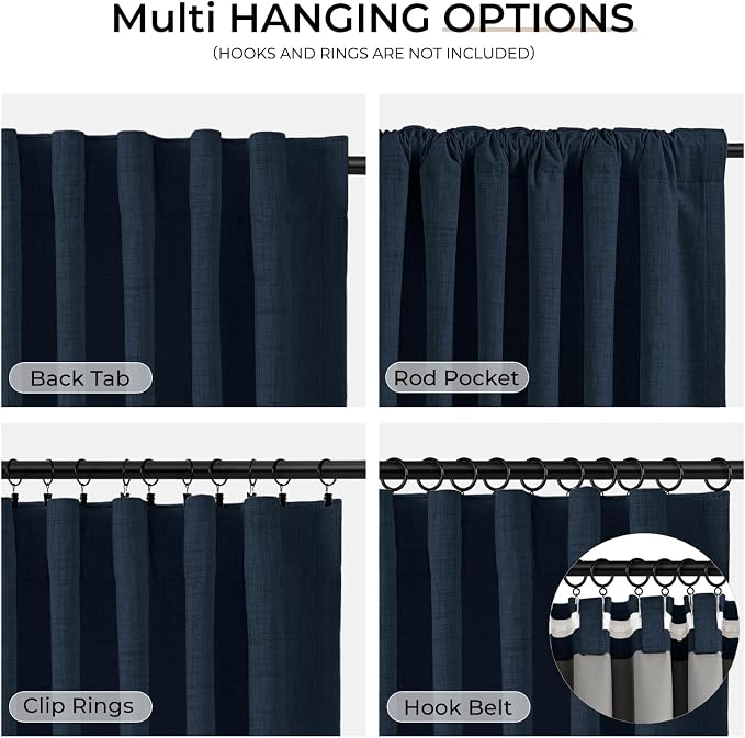 INOVADAY 100% Blackout Curtains 108 Inches Length 2 Panels Set, Back Tab/Rod Pocket Linen Black Out Curtains for Bedroom, Thermal Insulated Window Drapes - Navy Blue, W50 X L108