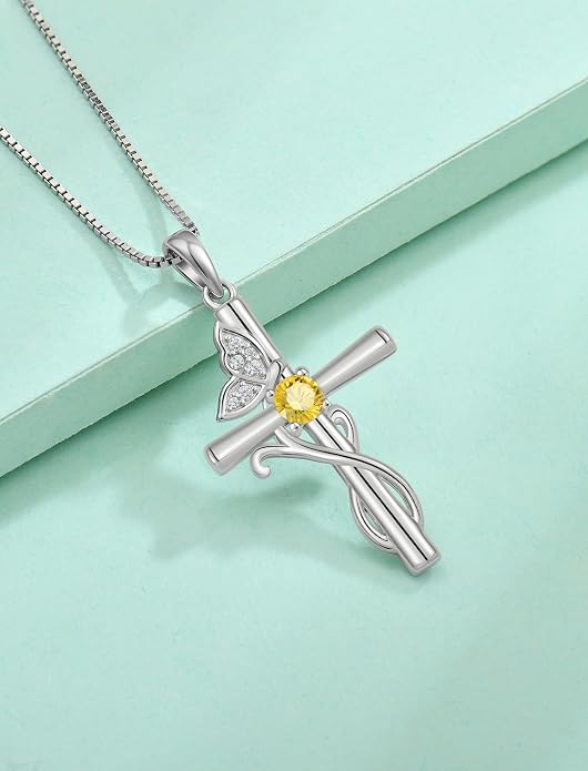 STARCHENIE Butterfly Cross Necklace 925 Sterling Silver Crucifix Pendant Birthstone Jewelry for Women