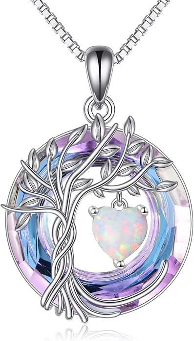 POPLYKE Mothers Day Gifts for Mom Her Wife Tree of Life Necklace 925 Sterling Silver Birthstone Pendant with Crystal Anniversary Birthday Wedding Jewelry for Women