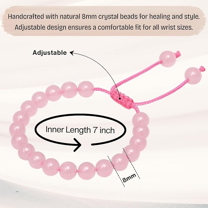 Amazing Gemstone Rose Quartz Bracelet, Gifts for Men & Women - Protection Healing Crystal Bracelet - 8mm Gemstone Beaded Adjustable Bracelet, Pulseras para Hombres Mujer Stocking Stuffers