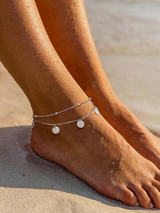 PROSTEEL Ankle Bracelets for Women Waterproof, Layered Stainless Steel Summer Beach anklets, Silver/Gold 8-10.5 Inch Adjustable, Come with Box