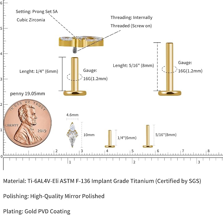 FINE4U ASTM F136 Titanium 16G 6mm 8mm Piercing Jewelry Stud for Conch Helix Flat Lobe - FlatBack Cartilage Earring Stud, Hypoallergenic Implant Grade Nickel Free Body Jewelry