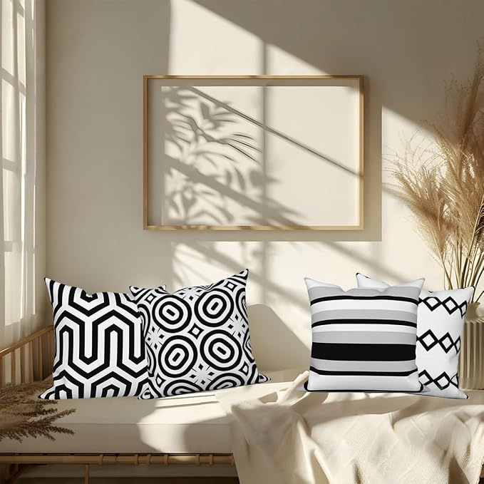 Black White Geometric Throw Pillow Cover 24"x24" Set of 4, Modern Minimalist Irregular Stripes Cushion Cover for Sofa Chair Couch Bed Office Garden Patio Farmhouse Indoor Outdoor
