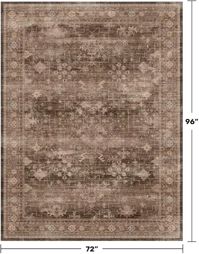 Hazo Haus Boho Brown Living Room Rug 6x8 - Modern Vintage Traditional Oriental Taupe Neutral, Washable Low Pile Non-Slip Extra Large Area Rugs for Dining Under Table Bedroom Lounge