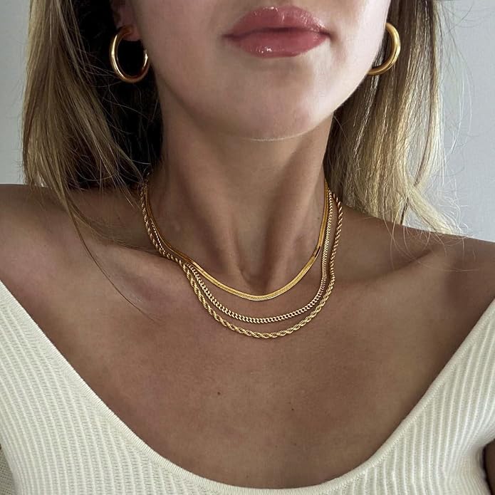 DEARMAY 14K Gold Plated Herringbone Necklaces for Women, Dainty Gold Snake Choker Chain Non Tarnish Trendy Simple Thin & Chunky Options Neckalce 1.5/3/5/6/8mm Chain Jewelry for Gifts