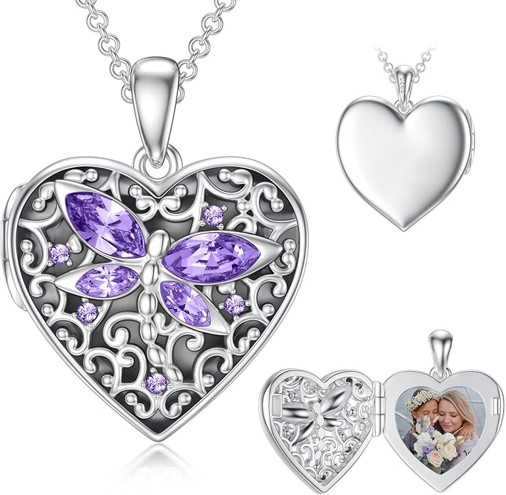 Dorunmo Personalized Locket Necklace 925 Sterling Silver that Holds Pictures Butterfly Birthstone Photo Heart Locket Custom Jewelry Congratulations New Beginnings New Job Gifts for Women