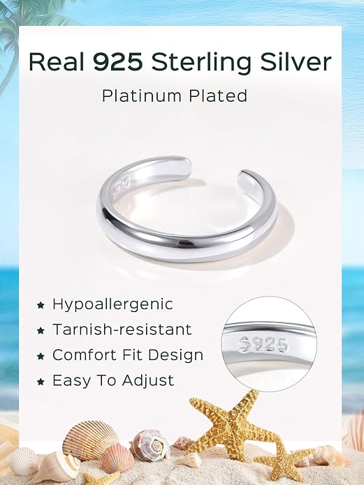 ChicSilver Sterling Silver Toe Rings for Women 14K Gold Plated Toe Rings for Women Open Adjustable Toe Ring for Women Toe Jewelry for Summer Beach