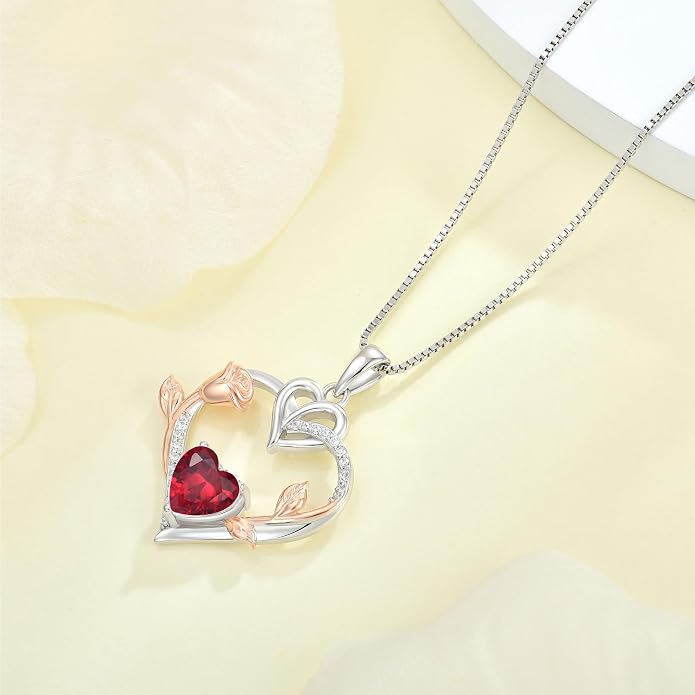 Rose Heart Necklaces for Women - 925 Sterling Silver Gold Rose Birthstone Pendant Jewelry for Girlfriend Daughter - Anniversary Birthday Christmas Valentines Day Mother’s Day Jewelry Gifts for Women Wife Her Girls Mom