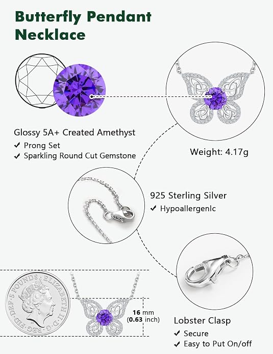 925 Sterling Silver Birthstone Necklaces for Women, Dainty Cute Dragonfly/Butterfly Pendant Necklace, Great Christmas/Anniversary Jewelry for Mother