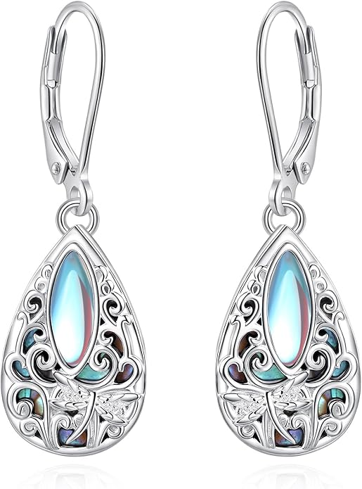 Vito 925 Sterling Silver Teardrop Earrings for Women, Moonstone Turquoise Drop Dangle Earrings Cat Snake Turtle Tree of Life Leverback Earrings Boho Jewelry Gift for Mom Wife