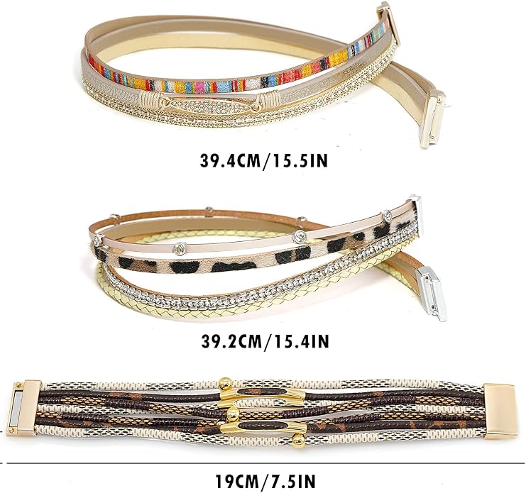 Wowanoo 3Pack Leather Cuff Bracelet Set Multilayer Wrap Bracelet Crystal Feather Tree Bracelet Magnetic Clasp Bracelet for Women