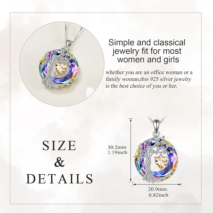 POPLYKE Mothers Day Gifts for Mom Her Wife Tree of Life Necklace 925 Sterling Silver Birthstone Pendant with Crystal Anniversary Birthday Wedding Jewelry for Women