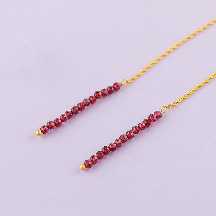 Natural Gemstone Threader Earrings for Women - Dainty 2mm Faceted Beads - Birthstone Crystal Drop Earrings - Silver Plated Healing Jewelry