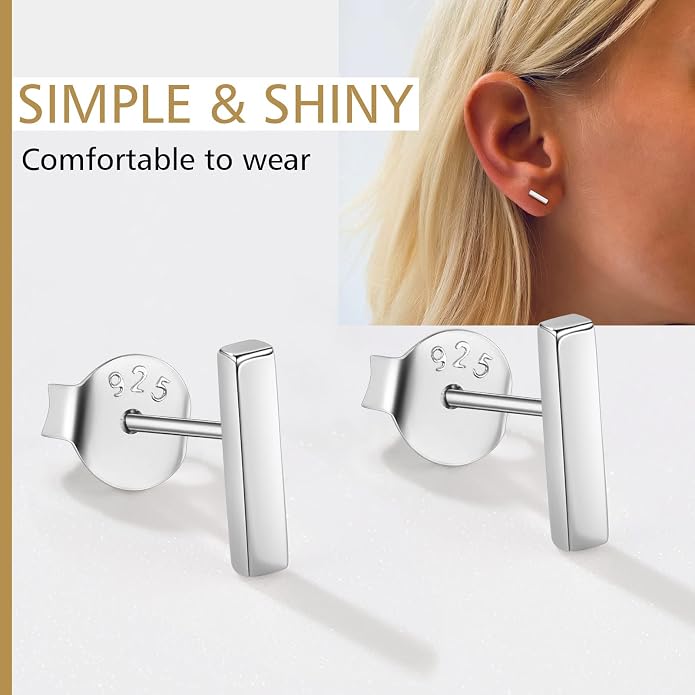 FindChic Hypoallergenic Sterling Silver Small Bar/Heart/Dot/Triangle/Butterfly/Lightning Studs Earrings Minimalist Geometric Jewelry Valentine Gifts for Women Men Girls, with Gift Box