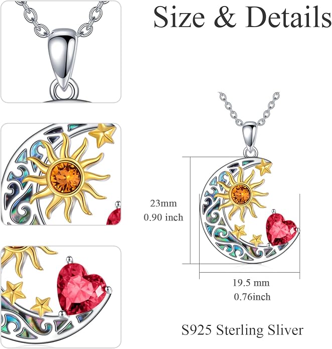 AOBOCO 925 Sterling Silver Sun and Moon Star Pendant Necklace with Simulated Birthstone, Birthday Christmas Jewelry Gift for Women Teen Girls