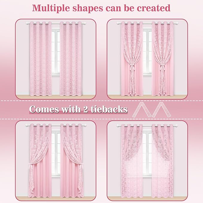 Yinhua Pink Blackout Curtains Double Layer Curtains for Bedroom 84 Inch Length Nursery Curtain for Living Room, Grommet Drapes with Tiebacks, 2 Panels, 52" W x 84" L