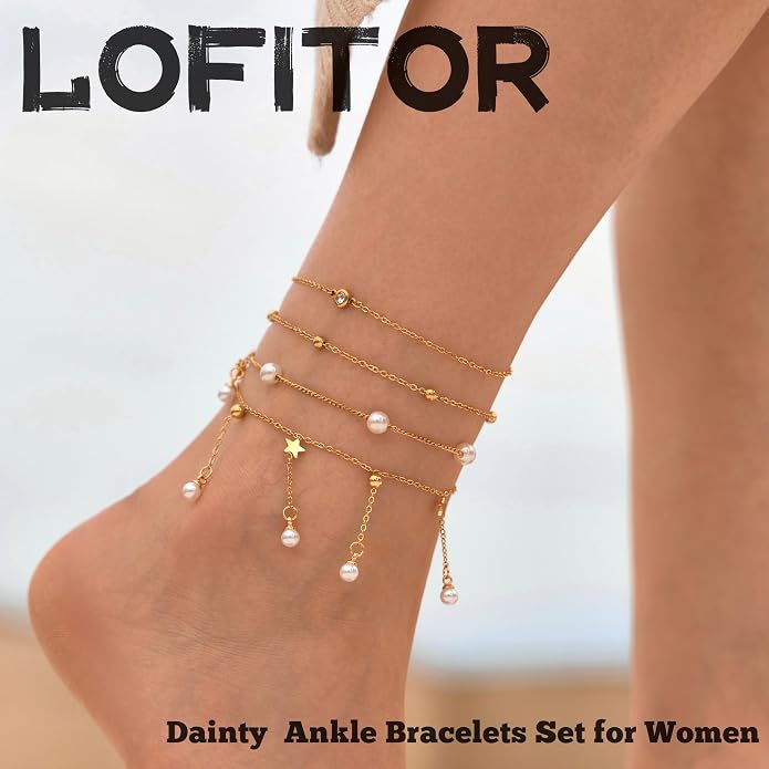 LOFITOR Ankle Bracelets for Women Glitter Waterproof Adjustable Anklet Set for Women 18K Gold Plated Silver Charm Dainty Layered Anklets, Summer Beach Anklet Jewelry for Women