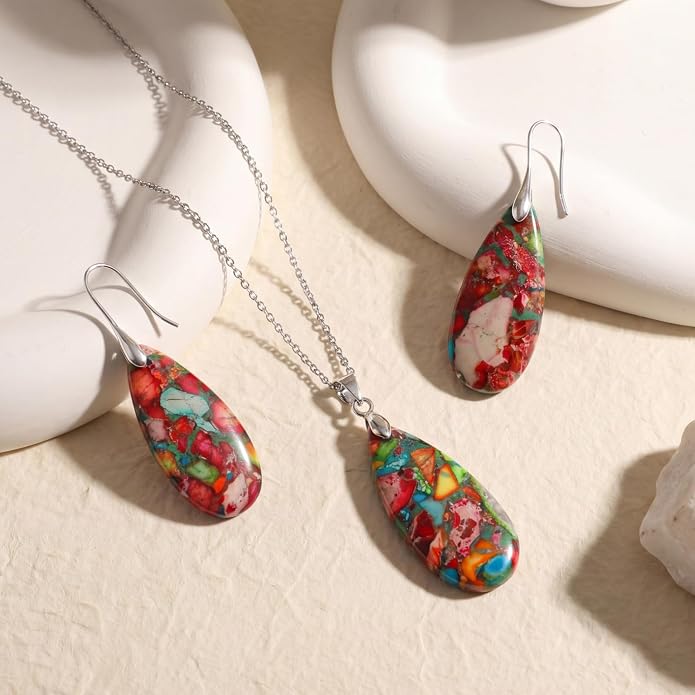 Kingdder Natural Stone Jewelry Set for Women Imperial Healing Stone Necklace Colorful Teardrop Dangle Earings Boho Jewelry
