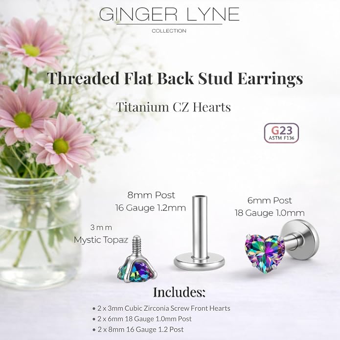 Titanium Heart CZ Labret Stud Earrings for Piercings by Ginger Lyne 6Pc Set G23 Screw Front Flat Back Body Jewelry 2 pair post 6mm, 8mm Cartilage, Helix, Tragus, Lip, Conch, Lobe