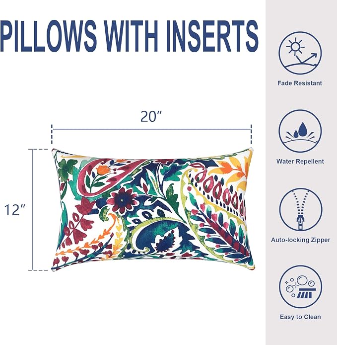 Outdoor Lumbar Pillows, Water Repellent Cushion Pillows 12x20 Inch, Outdoor Pillows with Inserts for Home Garden, Pack of 2, Vigour Paisley